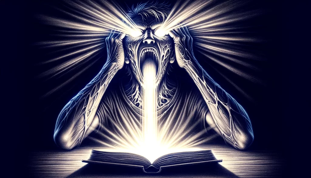 A gripping scene depicting a person losing their sanity as a sinister book consumes their soul, with eerie light streaming from their eyes into the book.