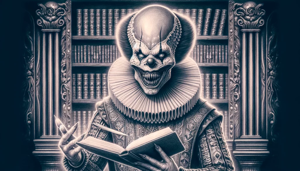 The Mad Clown, a grotesque clown-like creature symbolizing ad hominem fallacies and societal discord, set in a spooky library of ancient tomes.