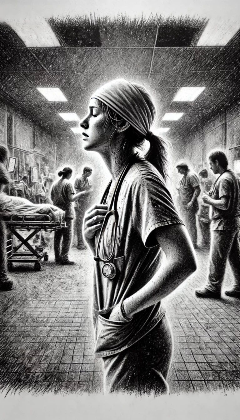 Pencil drawing of an exhausted Nurse Cynthia taking a moment to breathe in the chaotic ER, with a background of vague outlines of a busy hospital.