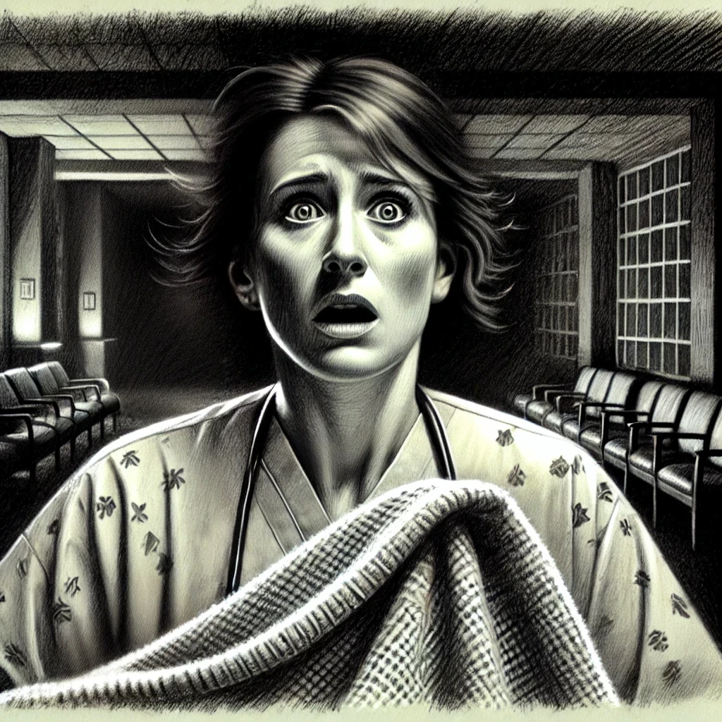 Detailed pencil drawing of a nurse, Cynthia, looking horrified while holding a blanket, with long, dirty hair and a dimly lit hospital waiting room background. The edges of the image fade to black, creating a dramatic vignette effect.