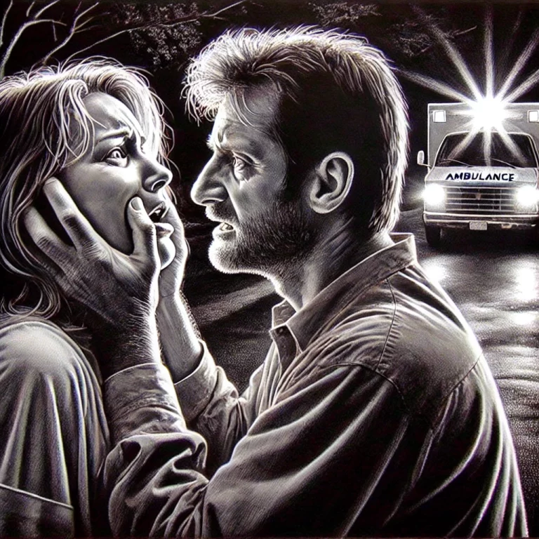 Detailed pencil drawing of Jim grabbing Cynthia's face, his expression a mixture of grief and anger as he says, 'I did everything you told me to.' Cynthia’s face shows shock and guilt. The background is a dimly lit driveway with an ambulance in the distance, lights flashing, and the edges fading to black.