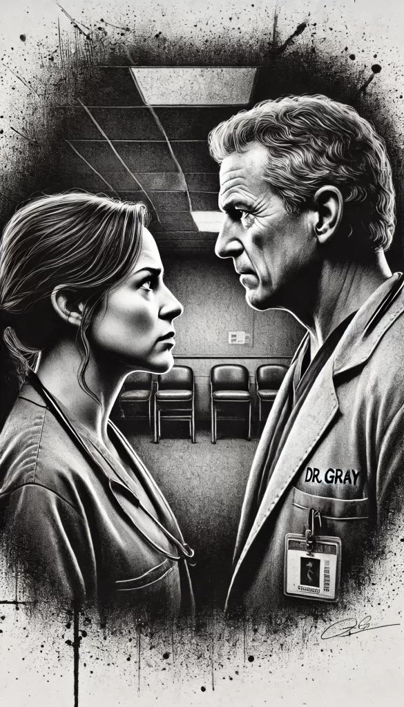 Pencil drawing of Nurse Cynthia and Dr. Gray in a tense confrontation in the hospital, illustrating their emotional conflict over ivermectin.