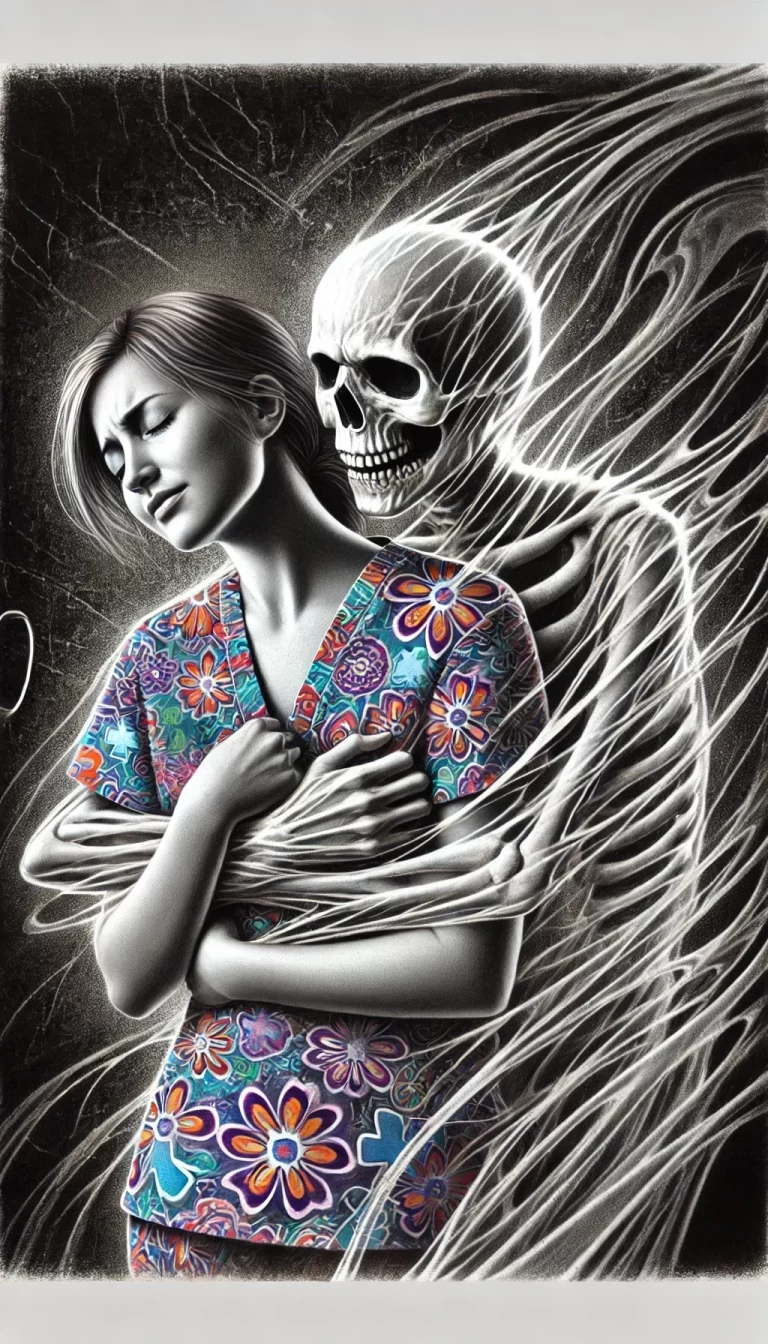 Pencil drawing of Nurse Cynthia being embraced from behind by Death, her face showing comfort, symbolizing false solace in confirmation bias.